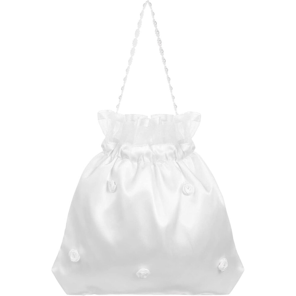 Charming White Satin Bridal Handbag With Pearl & Rhinestone Decor - 21x22 Cm